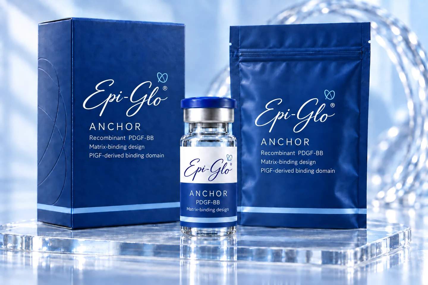 Epi-Glo PDGF MATRIX vial, carton and pouch packaging concept in a glass and ice setting