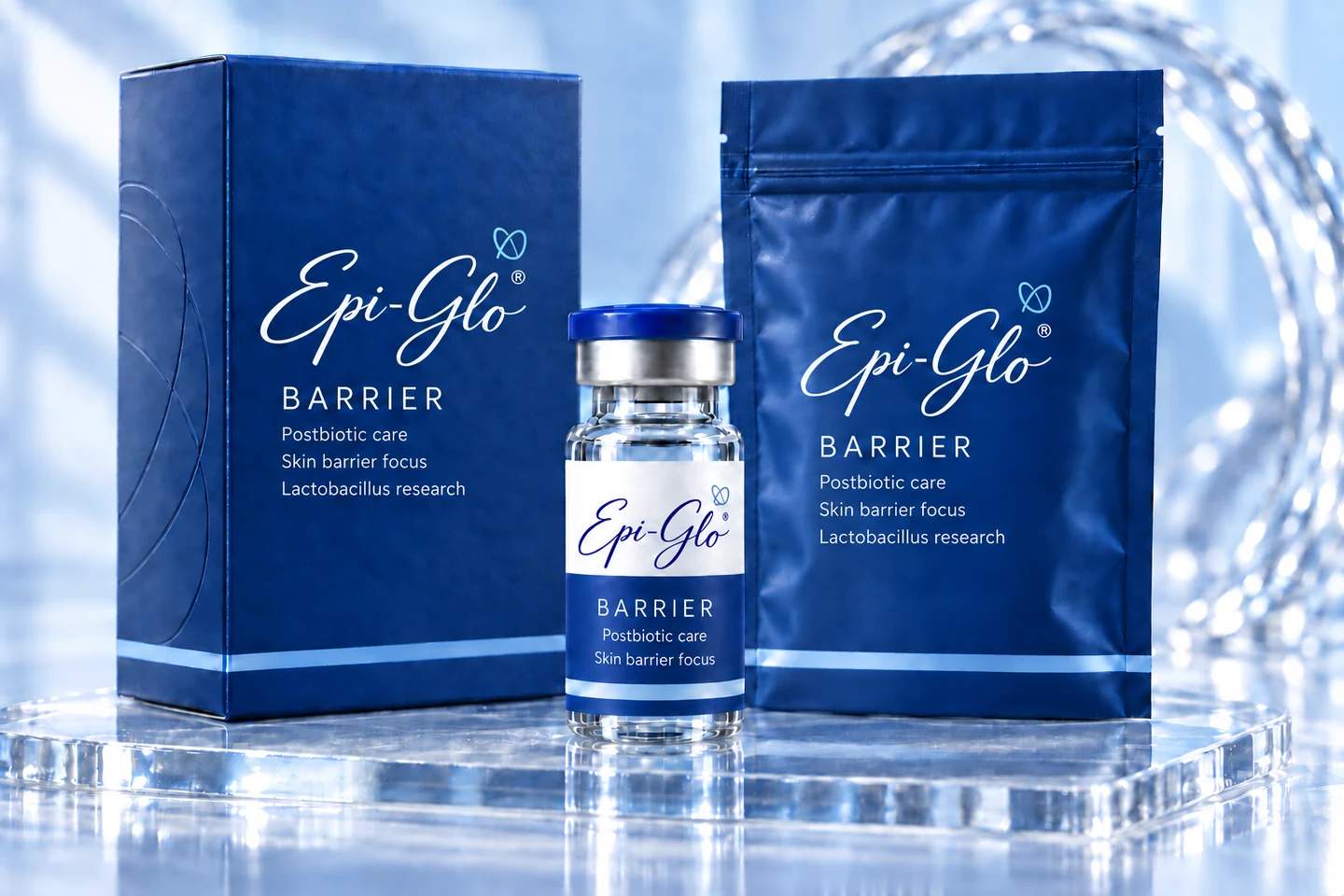 Epi-Glo BARRIER vial, carton and pouch packaging concept in a glass and ice setting