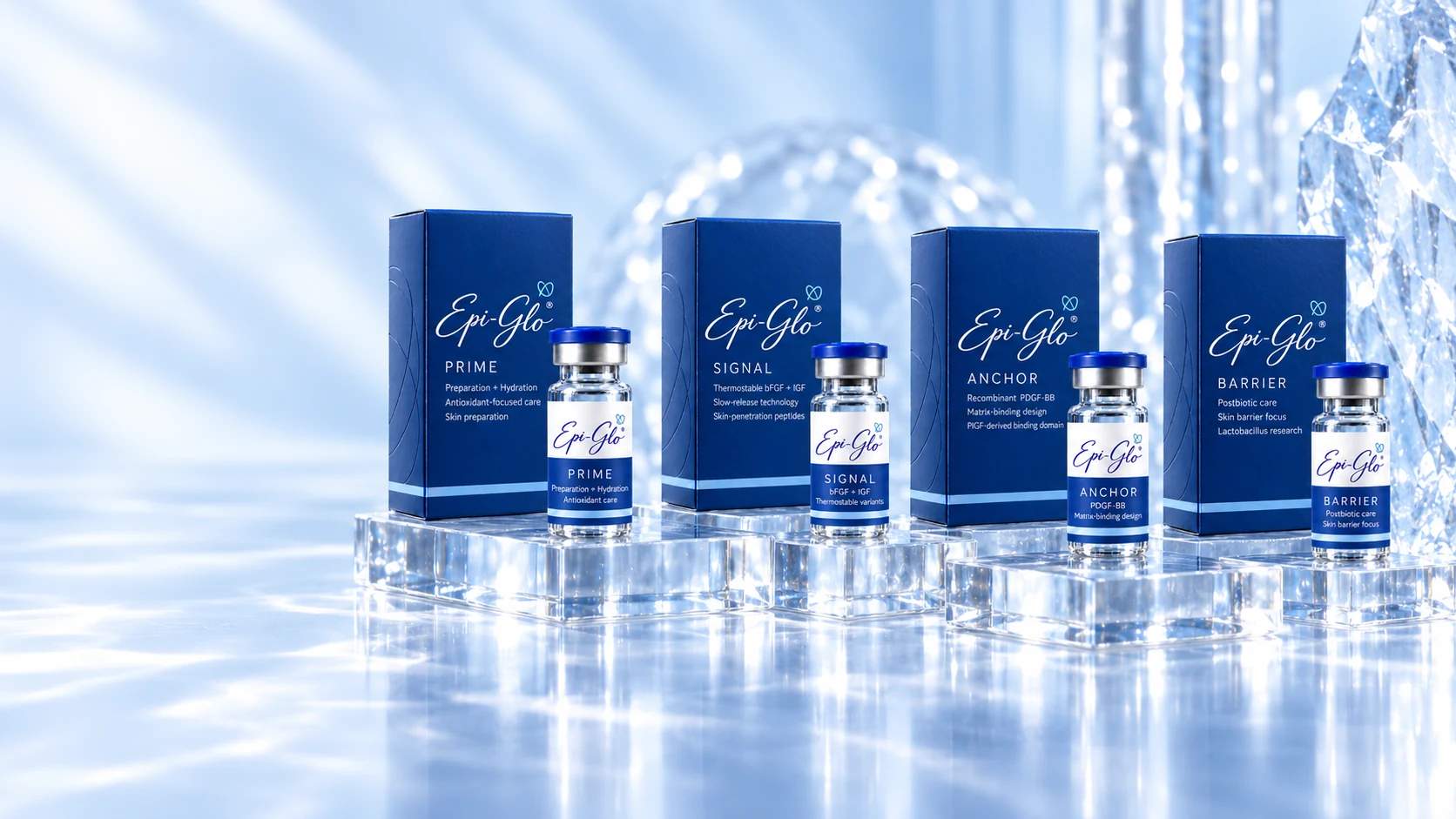 Epi-Glo PRIME, SIGNAL, PDGF MATRIX and BARRIER in sapphire blue signature packaging