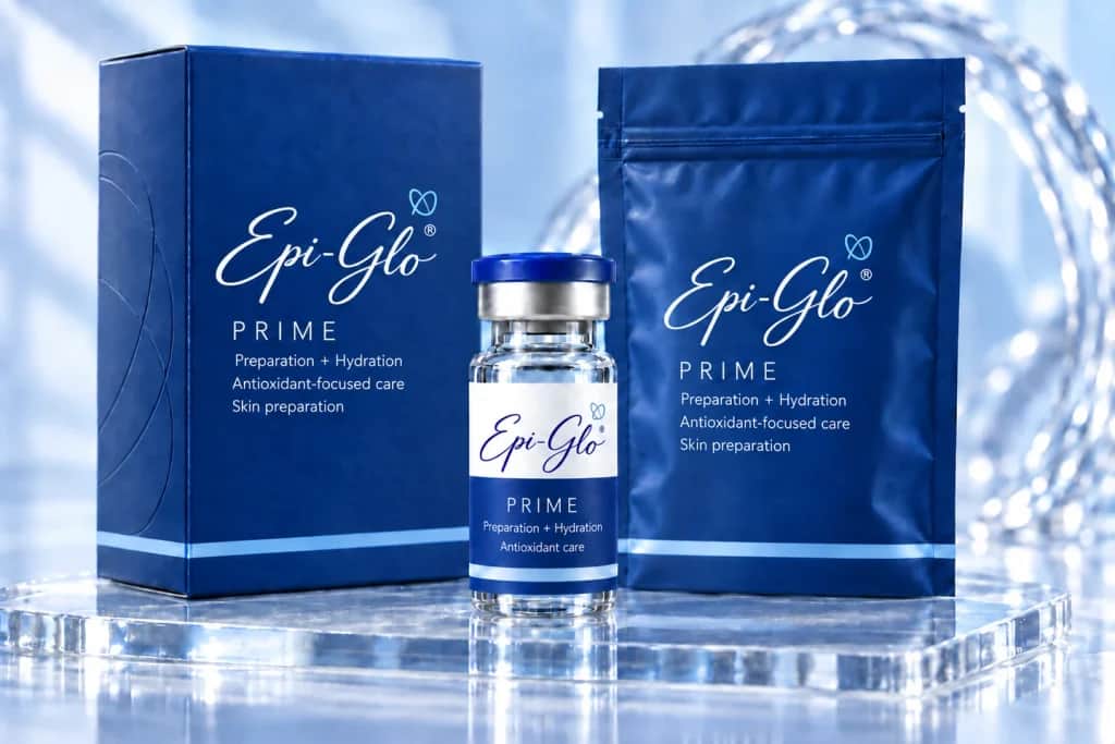 Epi-Glo PRIME sapphire blue box, pouch and clear vial with cursive logo and delicate orbital mark