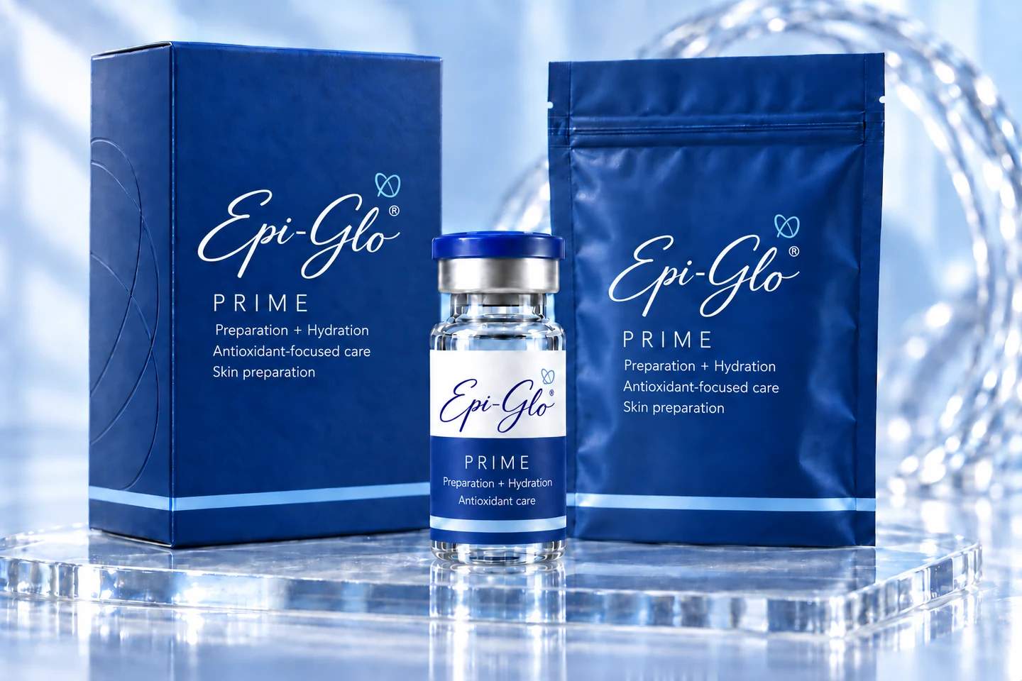 Epi-Glo PRIME vial, carton and pouch packaging concept in a glass and ice setting